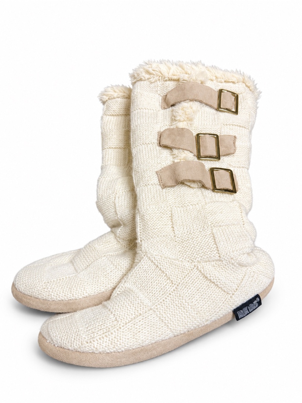 Muk Luks Cream Knit Buckle Slipper Boots Medium 7–7.5